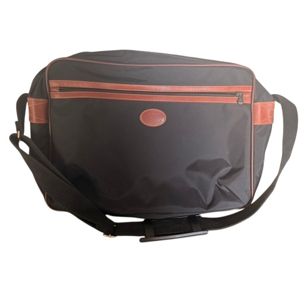 Vintage Longchamp Made in France Nylon Leather Travel Shoulder Bag Black Brown